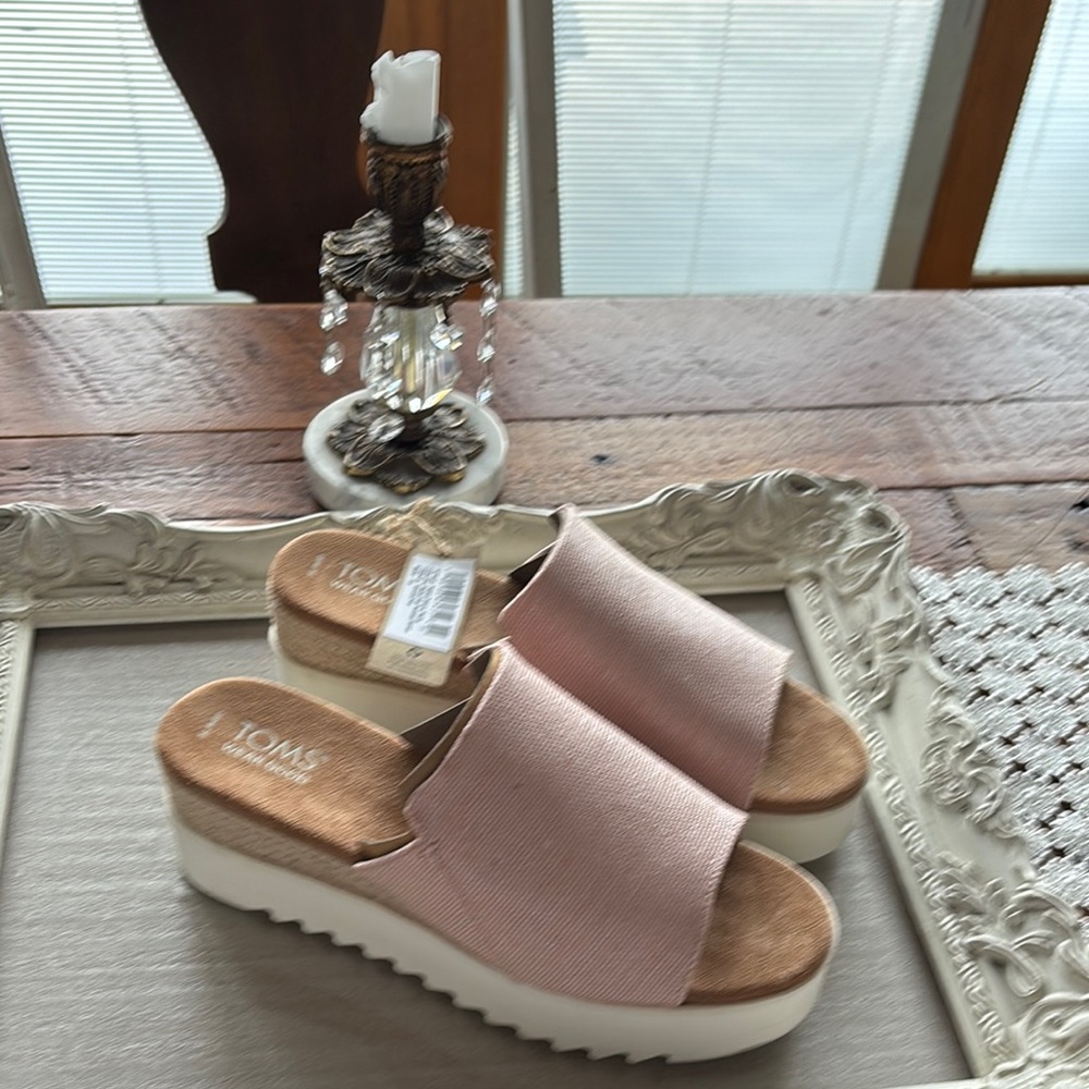 Toms Pink Metallic Platform Slide Sandals